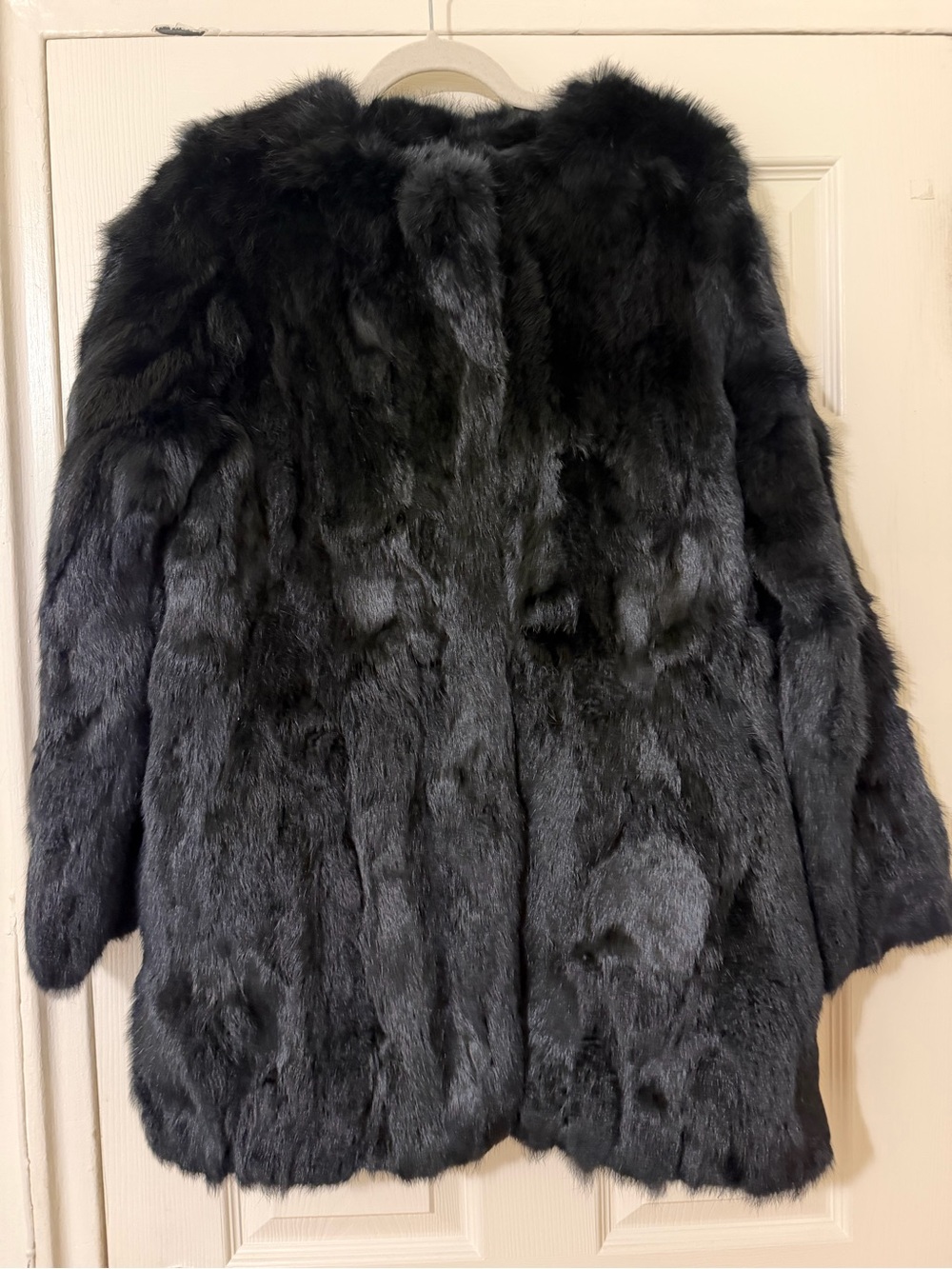 Adrienne Landau Genuine Black Rabbit Fur Mid Length Coat Size L